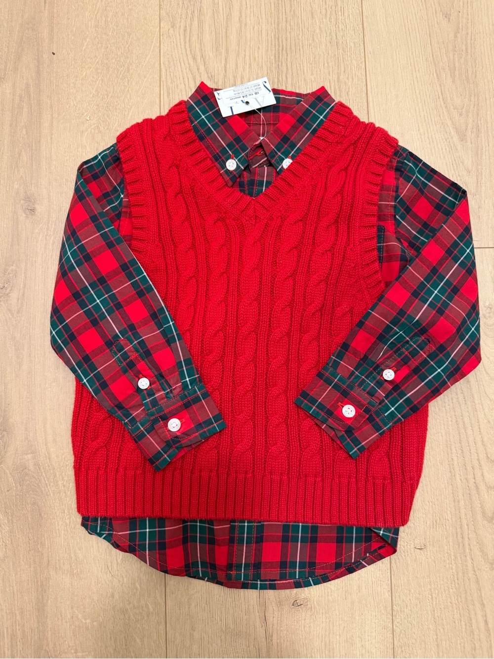 Janie and Jack Red Cable Knit Vest with Red & Green Plaid Shirt